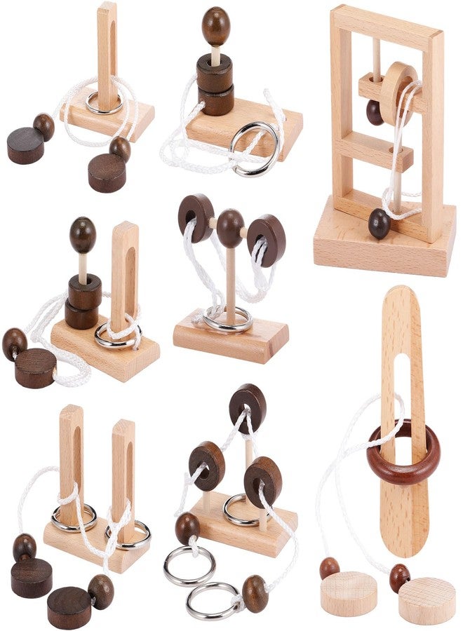 Yilloog 8 Pcs Brain Teaser 3D Wooden Rope Puzzles Set Wooden Threading Rope Loop Puzzle Luban Lock Puzzle Game Brain Games for Adults Desk Challenge Gifts, 14+ - Image 1